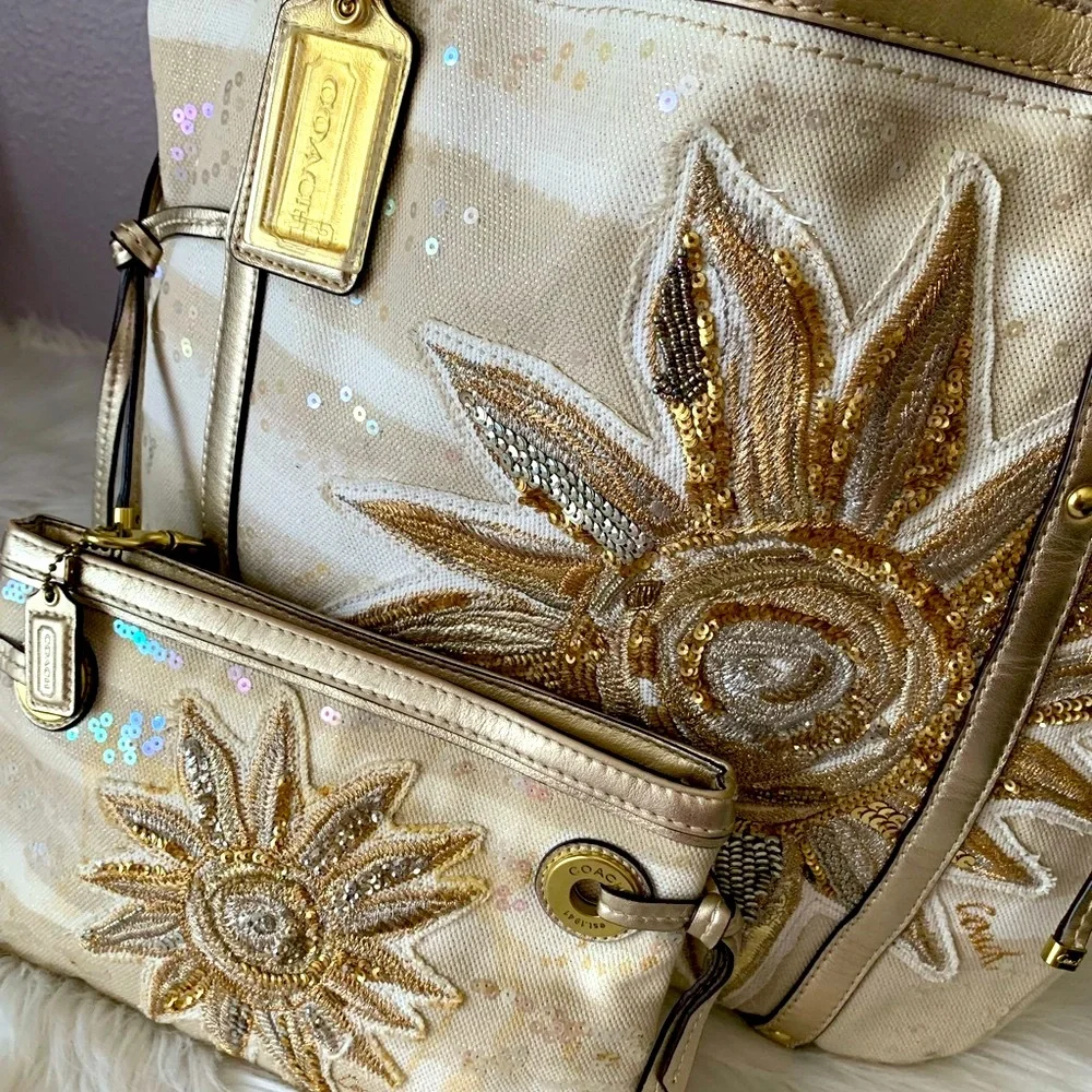 Coach Gold & Cream Floral Sequin Tote with Wristlet